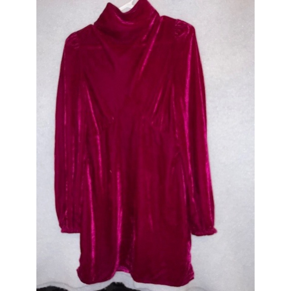 Divine Heritage Magenta‎ Pink Velvet High Neck Mini Dress Long Sleeve XS